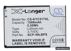 Kyocera Hydro Replacement Battery, 3.7V, 1500mAh, Li-ion 1