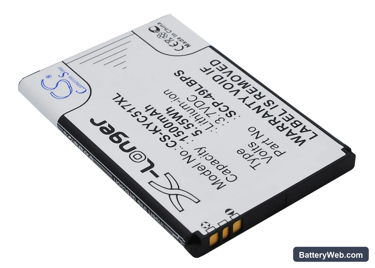 Kyocera Hydro Replacement Battery, 3.7V, 1500mAh, Li-ion 3