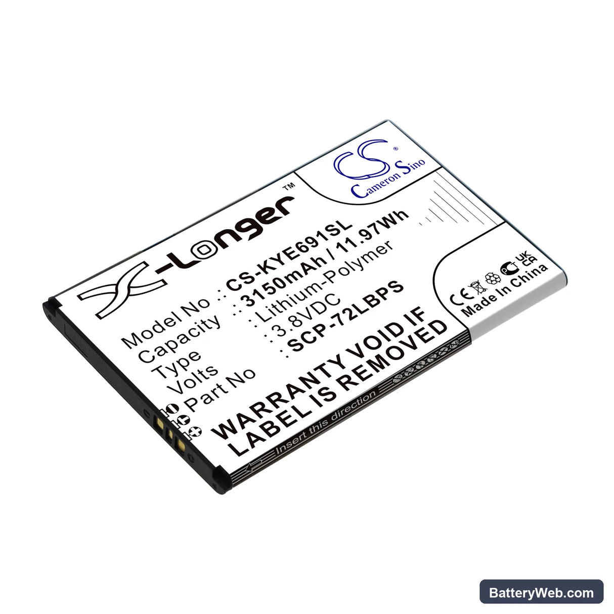Kyocera DuraForce Pro 2 Replacement Battery, 3.8V, 3150mAh, Li-Polymer 1