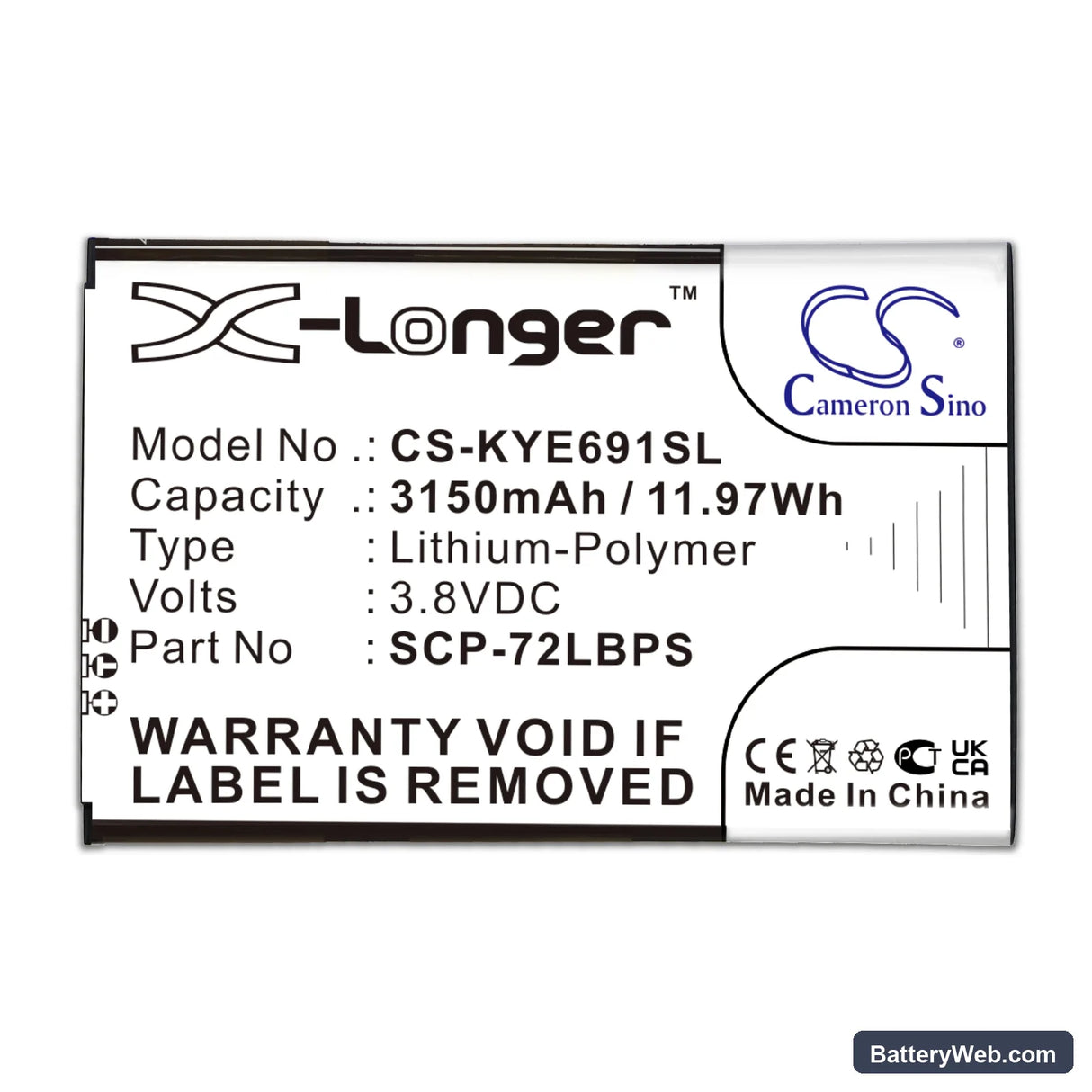 Kyocera DuraForce Pro 2 Replacement Battery, 3.8V, 3150mAh, Li-Polymer 3