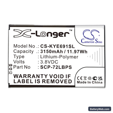 Kyocera DuraForce Pro 2 Replacement Battery, 3.8V, 3150mAh, Li-Polymer 3