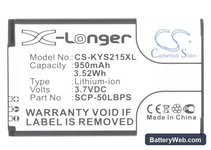 Kyocera Kona S2150 Replacement Battery, 3.7V, 950mAh, Li-ion 5