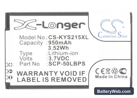 Kyocera Kona S2150 Replacement Battery, 3.7V, 950mAh, Li-ion 5