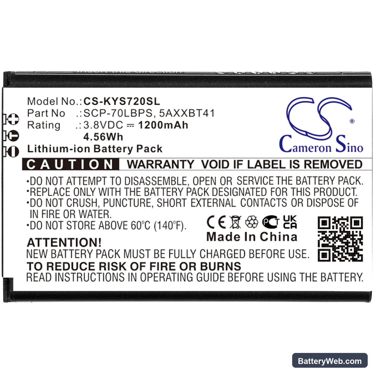 Kyocera Cadence LTE Replacement Battery, 3.8V, 1200mAh, Li-ion 3