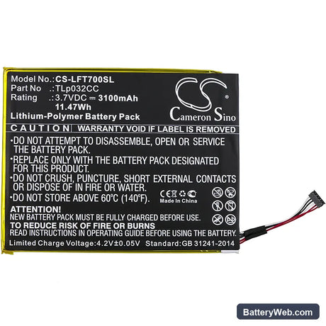 Alcatel One Touch Pixi 8 8.0 3G Replacement Battery, 3.7V, 3100mAh, Li-Polymer 3