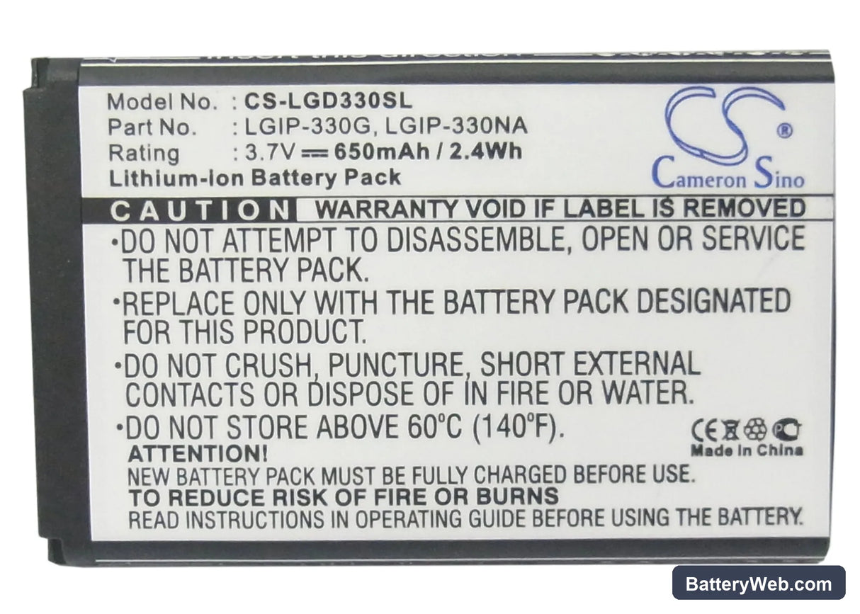 LG GD350 Replacement Battery, 3.7V, 650mAh, Li-ion 5