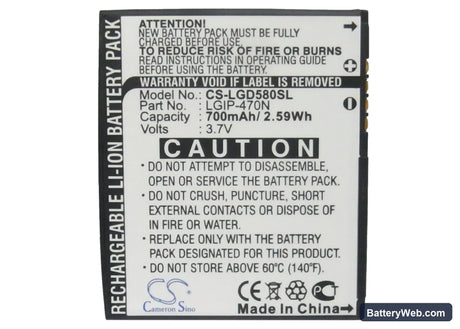 LG GD580 Replacement Battery, 3.7V, 700mAh, Li-ion 5