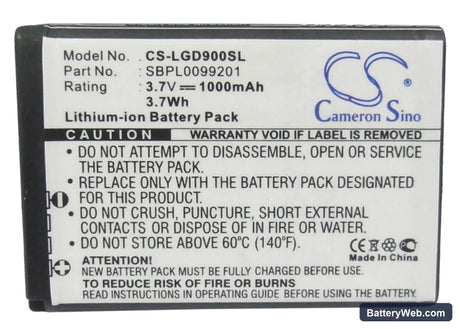 LG GD900 Replacement Battery, 3.7V, 1000mAh, Li-ion 5