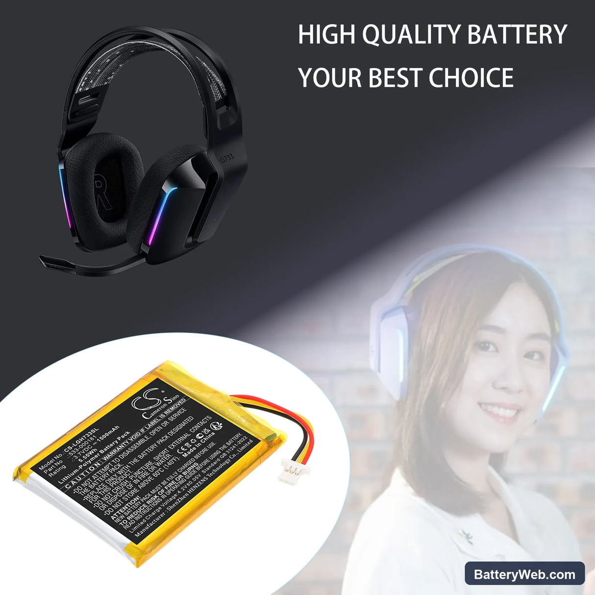 Logitech G733 Replacement Battery, 3.7V, 1500mAh, Li-Polymer 6