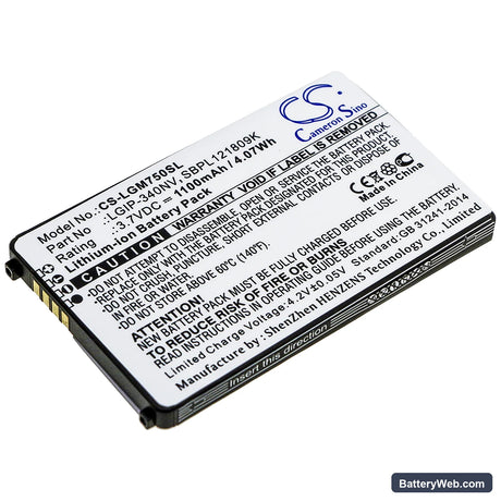 LG GM750 Replacement Battery, 3.7V, 1100mAh, Li-ion 1