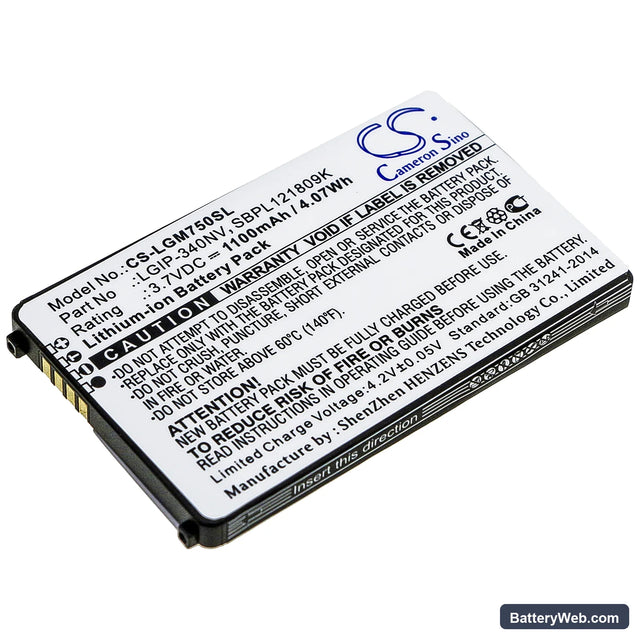 LG GM750 Replacement Battery, 3.7V, 1100mAh, Li-ion 1