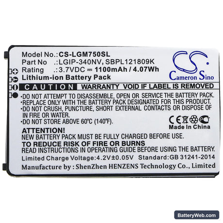 LG GM750 Replacement Battery, 3.7V, 1100mAh, Li-ion 3