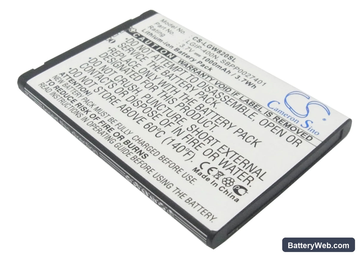 LG GW820 Replacement Battery, 3.7V, 1000mAh, Li-ion 1