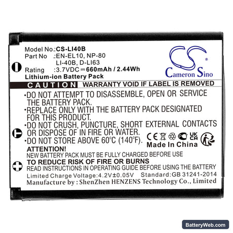 Pentax Optio L36 Replacement Battery, 3.7V, 660mAh, Li-ion 3