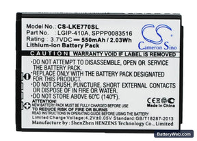 LG KE770 Replacement Battery, 3.7V, 550mAh, Li-ion 1
