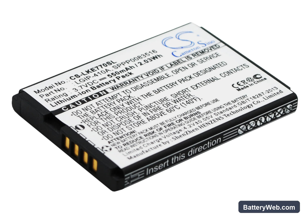 LG KE770 Replacement Battery, 3.7V, 550mAh, Li-ion 2