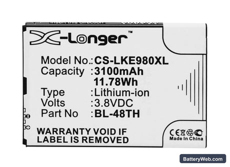 LG E940 Replacement Battery, 3.8V, 3100mAh, Li-ion 1