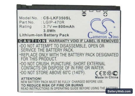 LG KF350 Replacement Battery, 3.7V, 800mAh, Li-ion 5