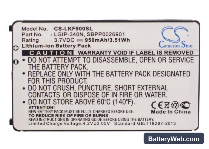 Virgin Mobile 101 Replacement Battery, 3.7V, 950mAh, Li-ion 5