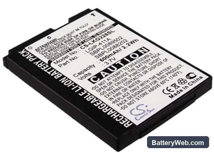 LG KG288 Replacement Battery, 3.7V, 600mAh, Li-ion 1
