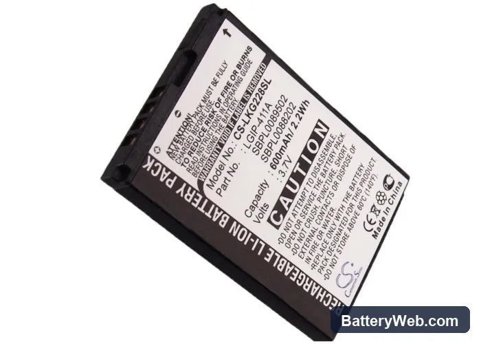 LG KG288 Replacement Battery, 3.7V, 600mAh, Li-ion 5