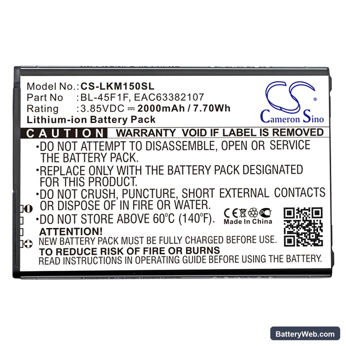 LG Rebel 2 Replacement Battery, 3.85V, 2000mAh, Li-ion 3