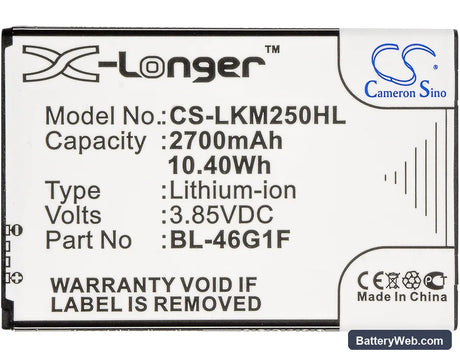 LG K10 2017 Replacement Battery, 3.85V, 2700mAh, Li-ion 5