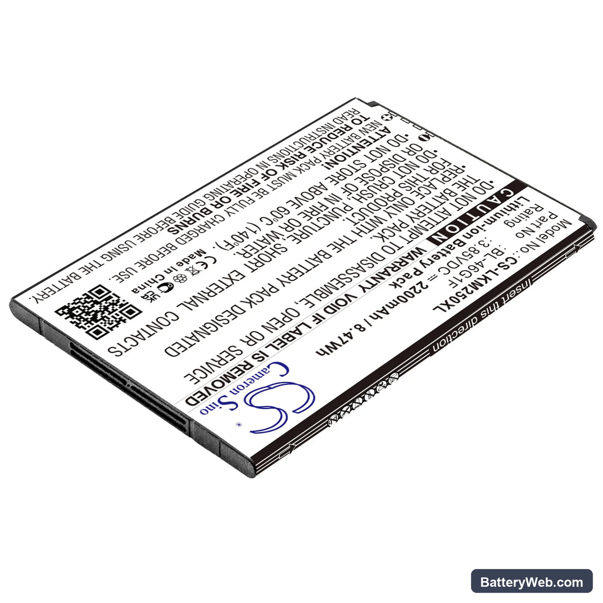 LG K10 2017 Replacement Battery, 3.85V, 2200mAh, Li-ion 2