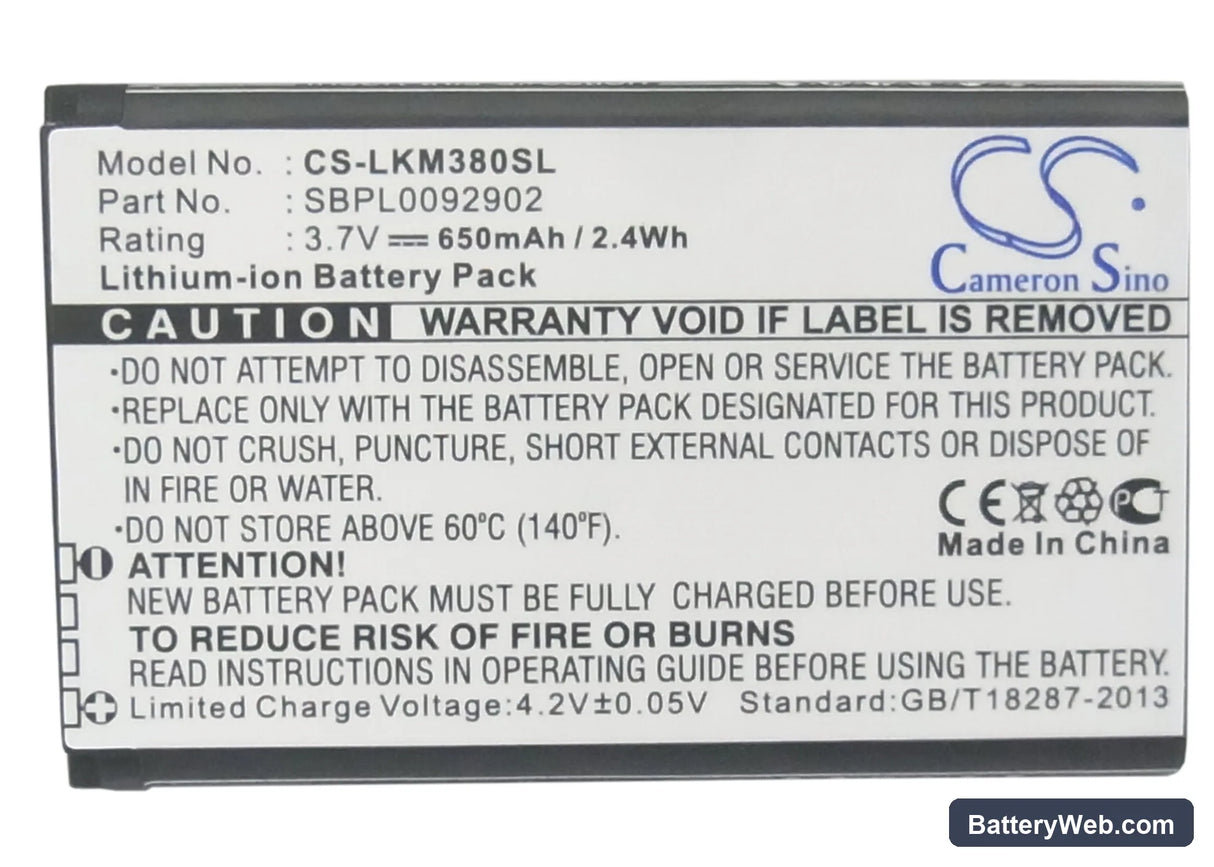 LG KM380 Replacement Battery, 3.7V, 650mAh, Li-ion 5