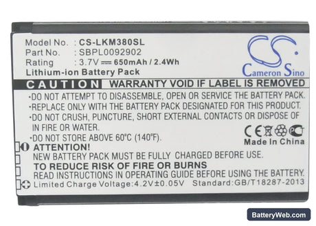 LG KM380 Replacement Battery, 3.7V, 650mAh, Li-ion 5