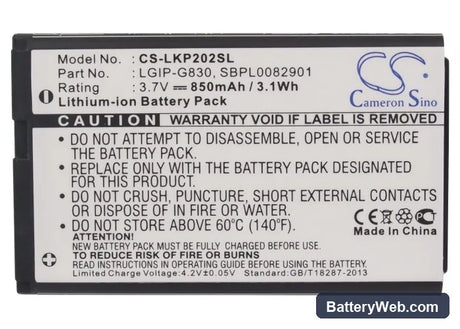 LG KG120 Replacement Battery, 3.7V, 850mAh, Li-ion 5