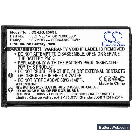 LG GB100 Replacement Battery, 3.7V, 800mAh, Li-ion 3