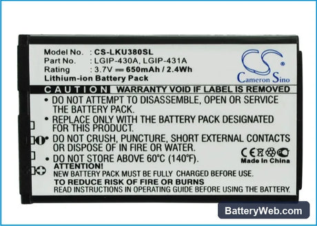 LG KU380 Replacement Battery, 3.7V, 650mAh, Li-ion 5