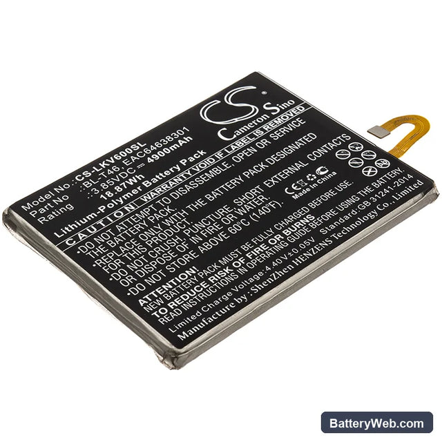 LG V60 Replacement Battery, 3.85V, 4900mAh, Li-Polymer 1