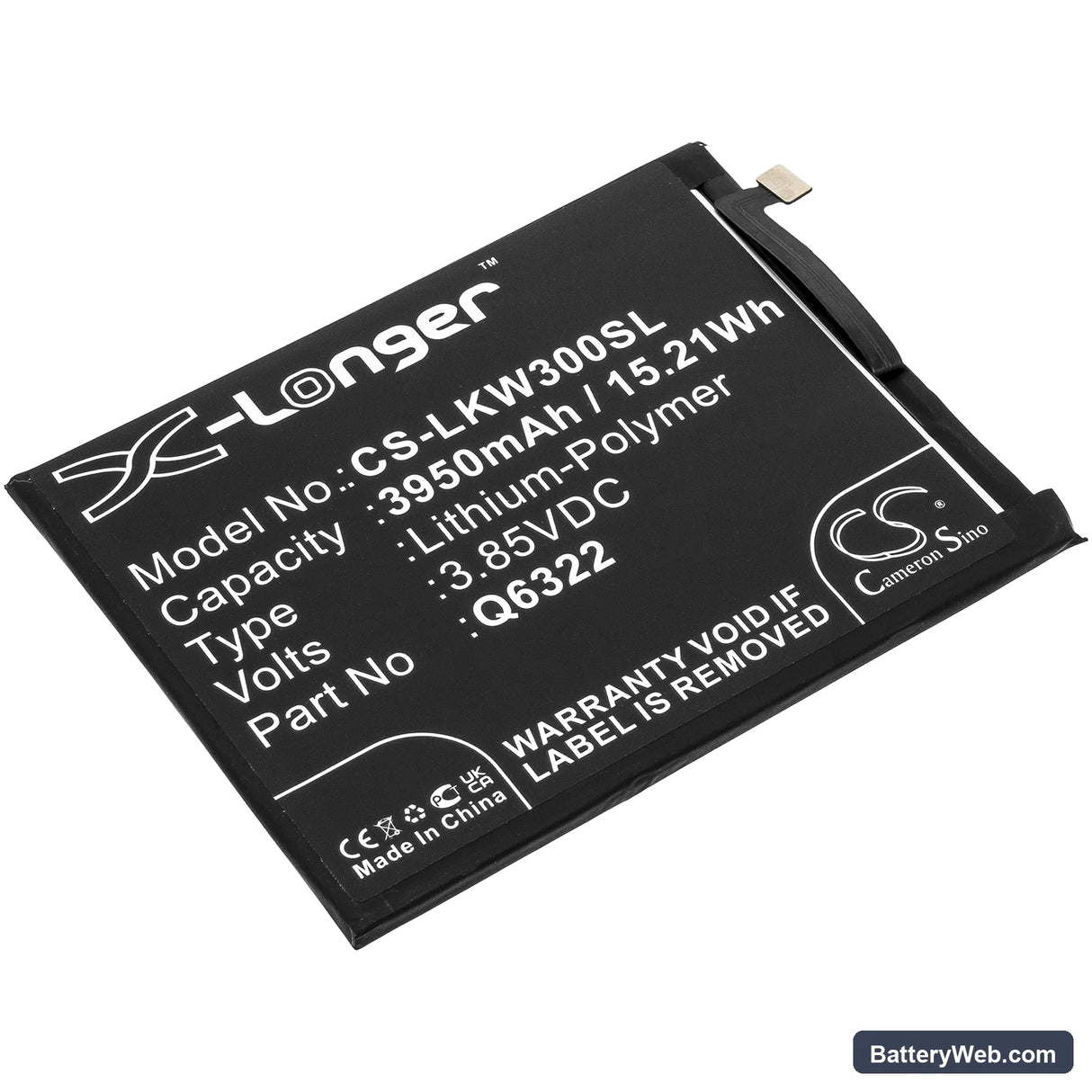 LG W30 Replacement Battery, 3.85V, 3950mAh, Li-Polymer 1