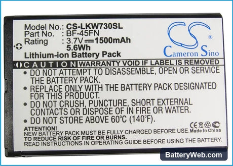 LG KW730 Replacement Battery, 3.7V, 1500mAh, Li-ion 5