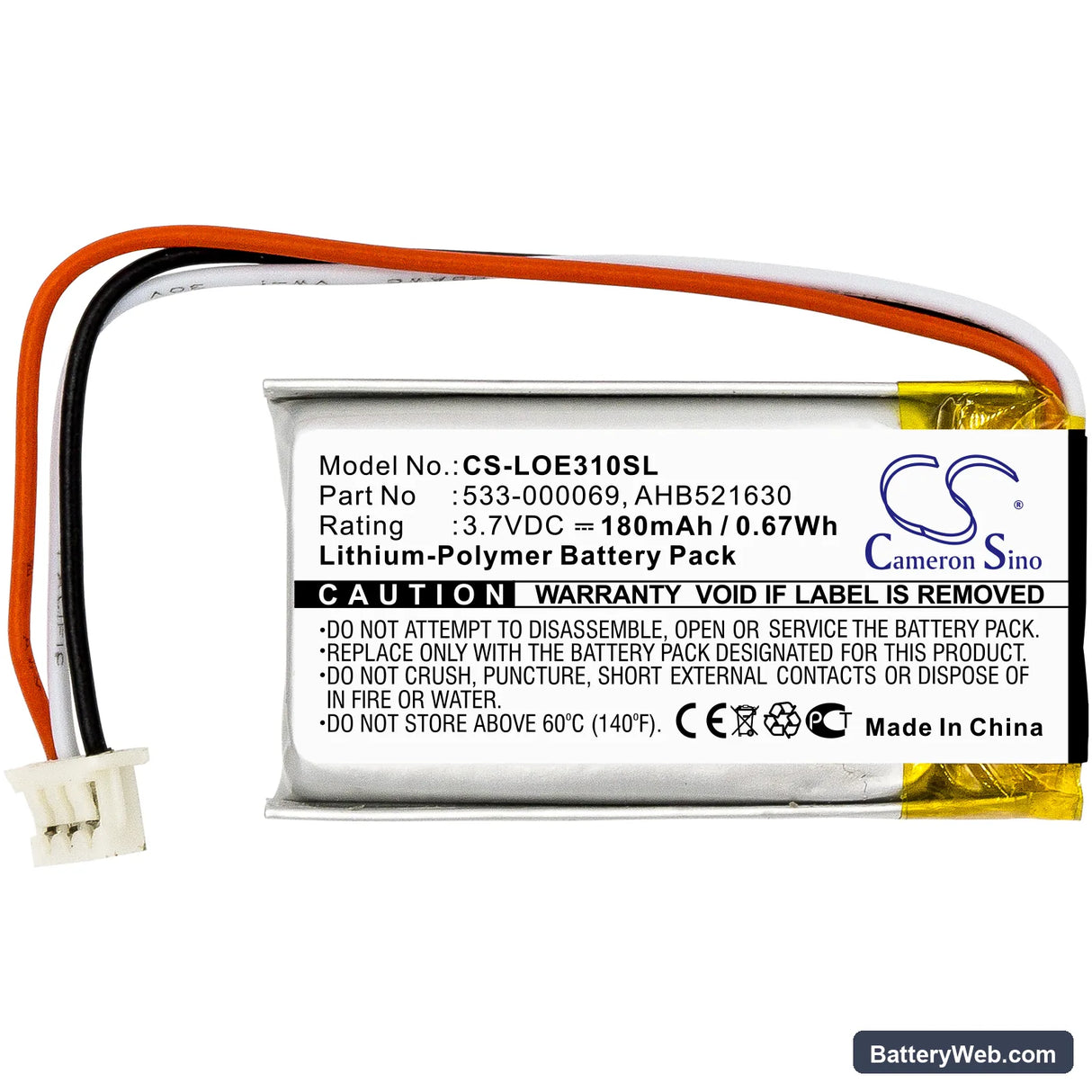Logitech UE310 Replacement Battery, 3.7V, 180mAh, Li-Polymer 3
