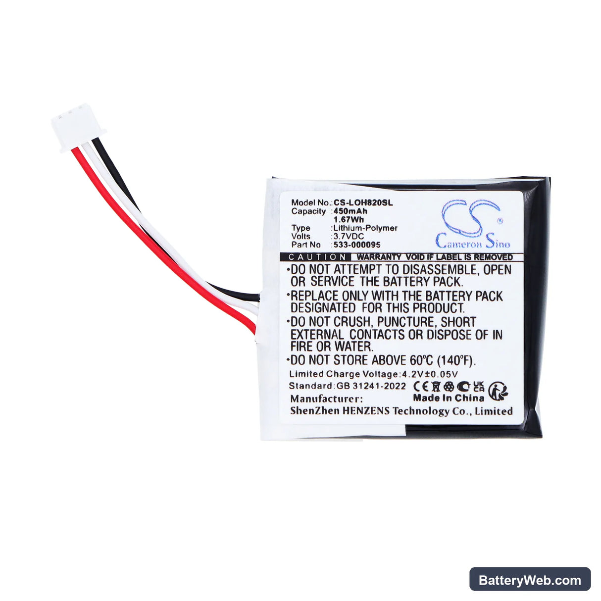 Logitech H820e Replacement Battery, 3.7V, 450mAh, Li-Polymer 3
