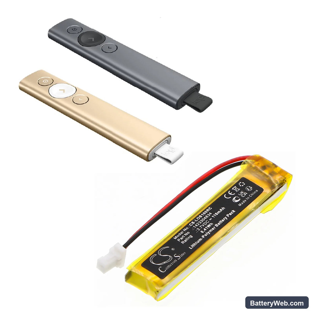 Logitech Spotlight Presentation Remote Replacement Battery, 3.7V, 110mAh, Li-Polymer 6