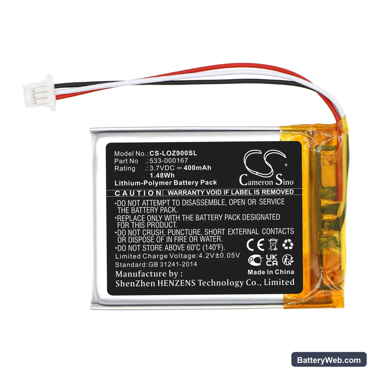 Logitech Zone Replacement Battery, 3.7V, 400mAh, Li-Polymer 3