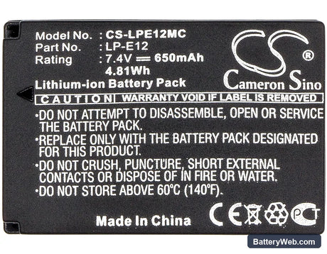 Canon EOS 100D Replacement Battery, 7.4V, 650mAh, Li-ion 3