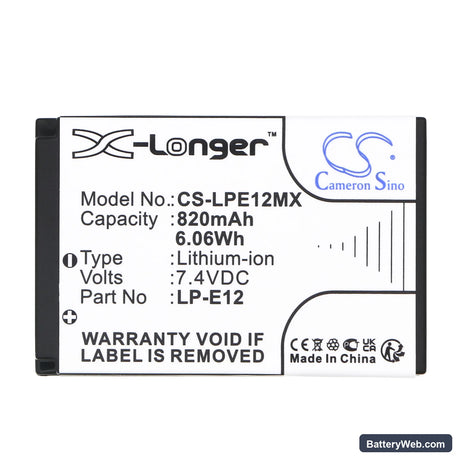 Canon EOS 100D Replacement Battery, 7.4V, 820mAh, Li-ion 5