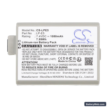 Canon EOS 450D Replacement Battery, 7.4V, 1080mAh, Li-ion 5