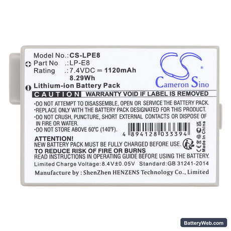 Canon EOS 550D Replacement Battery, 7.4V, 1120mAh, Li-ion 5