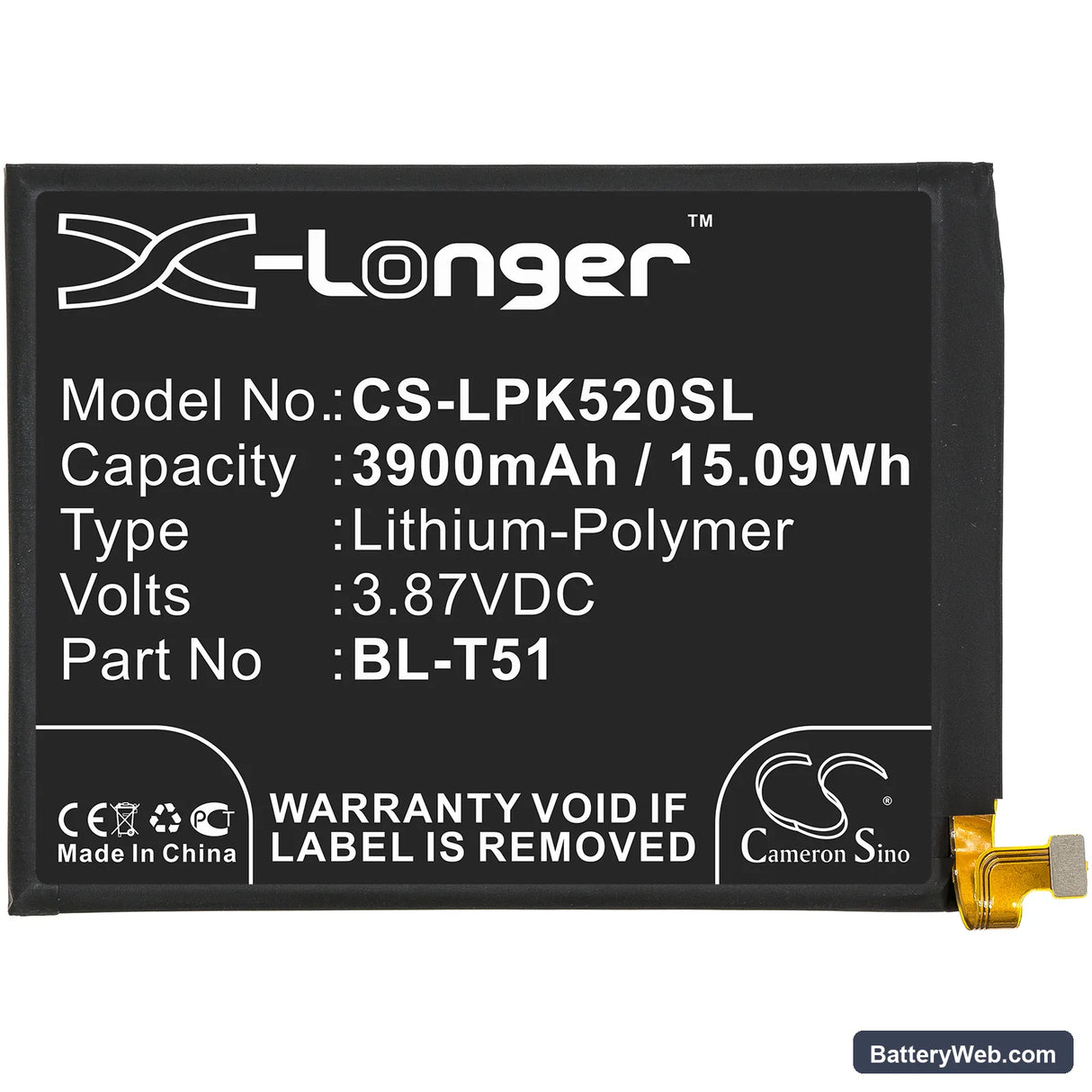 LG K52 Replacement Battery, 3.87V, 3900mAh, Li-Polymer 3