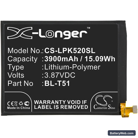 LG K52 Replacement Battery, 3.87V, 3900mAh, Li-Polymer 3