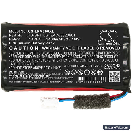 LG Music Flow P7 Replacement Battery, 7.4V, 3400mAh, Li-ion 3