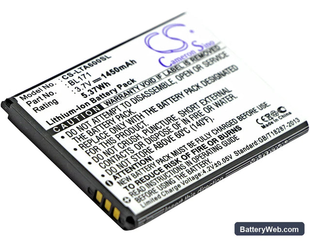 Lenovo A60 Replacement Battery, 3.7V, 1450mAh, Li-ion 1