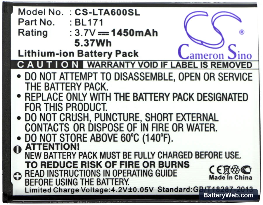 Lenovo A60 Replacement Battery, 3.7V, 1450mAh, Li-ion 3