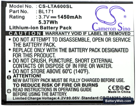 Lenovo A60 Replacement Battery, 3.7V, 1450mAh, Li-ion 3
